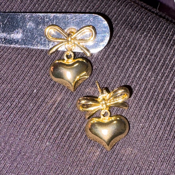 Gold Heart Bow Earrings 3’ - Picture 3 of 4